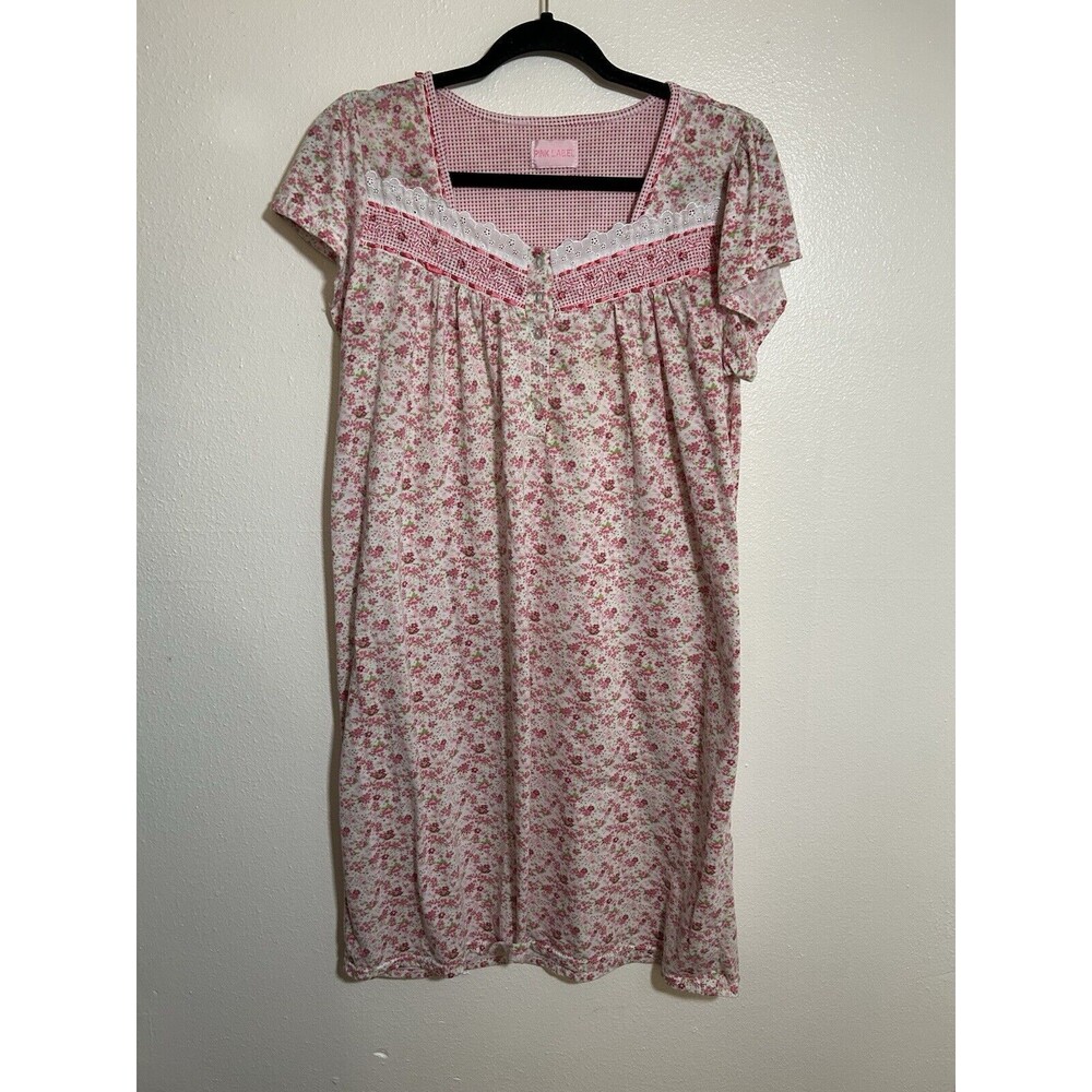 Pink Label Floral Night Gown Pink gingham Yolk 4 Button Front Lightweight Size M